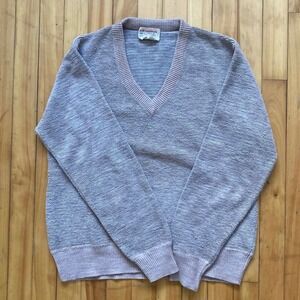 Champion Vintage Striped Acrylic Knit Sweater Size Medium Taupe Gray V Neck
